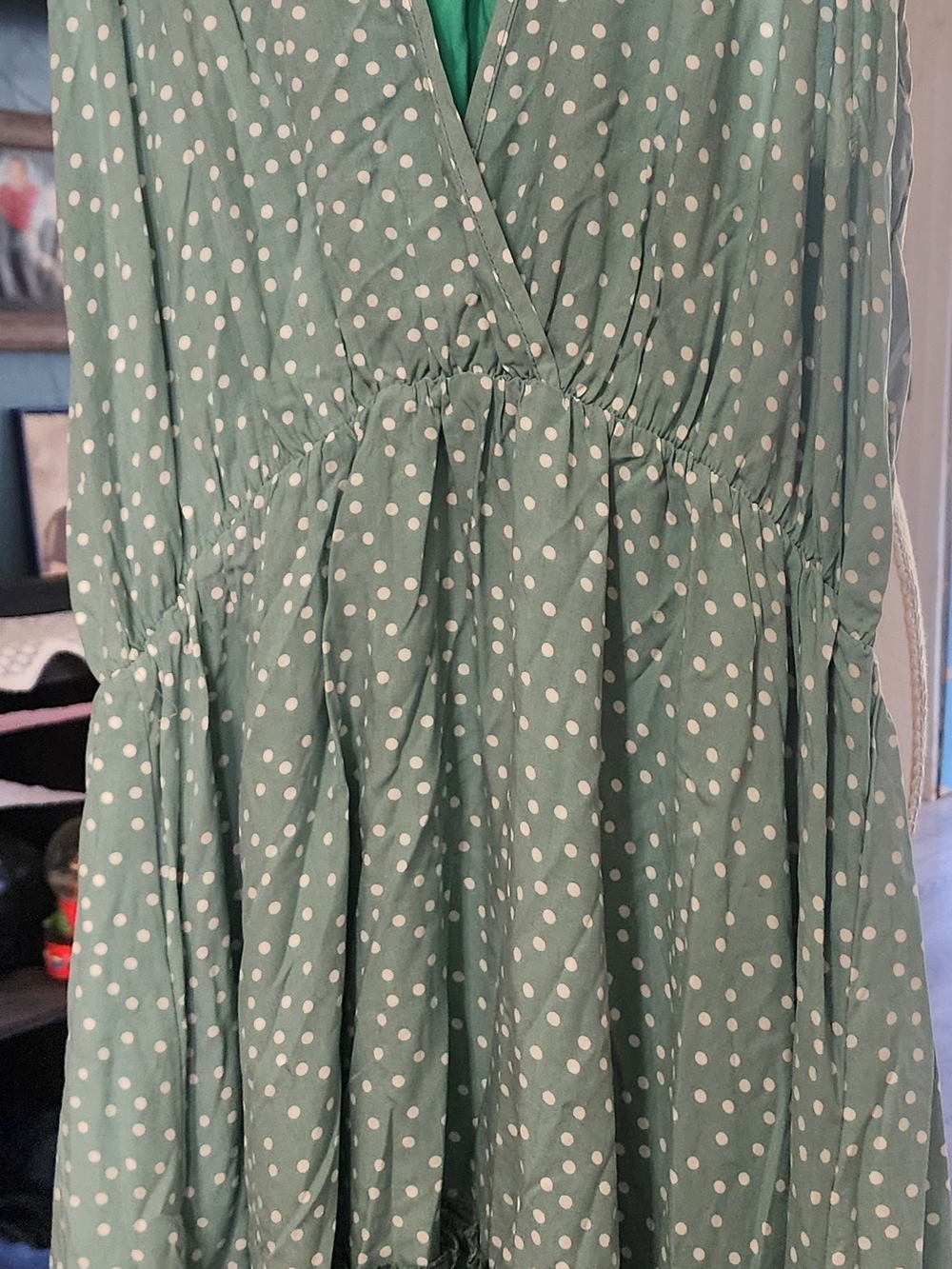 BTFBM Green Polka Dot Wrap-Style Top Women's Dress Sz Lrg